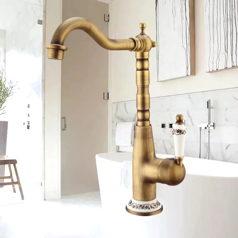

Antique Bronze Brass Gold Hot And Cold Water Kitchen Sink Rotary Basin Handle Lever Mixer Tap