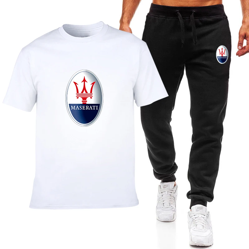 

Новинка лета 2021, Мужская футболка с логотипом машины Maserati, спортивные штаны из чистого хлопка с круглым вырезом и короткими рукавами для фит...