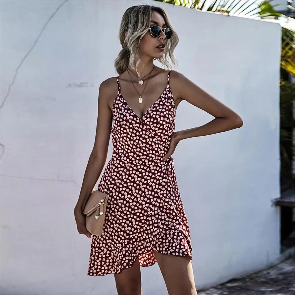 

Summer New V-neck Suspender Print Ruffle Slim Dress Female European And American Beach Sexy Women Mini Dress