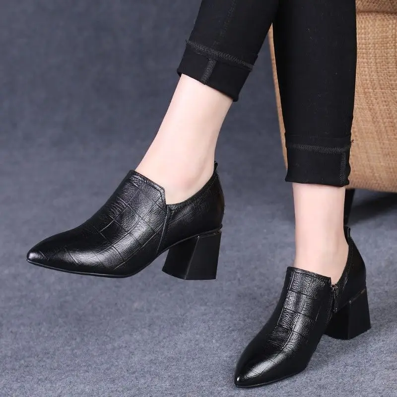 

botas femininas women fashion black pointed toe square heel autumn short boots lady casual comfort spring boots