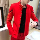 Блейзер Мужской с золотыми пуговицами и китайским воротником, приталенный пиджак-пилот в стиле милитари, чёрный синий красный белый, 4 цвета