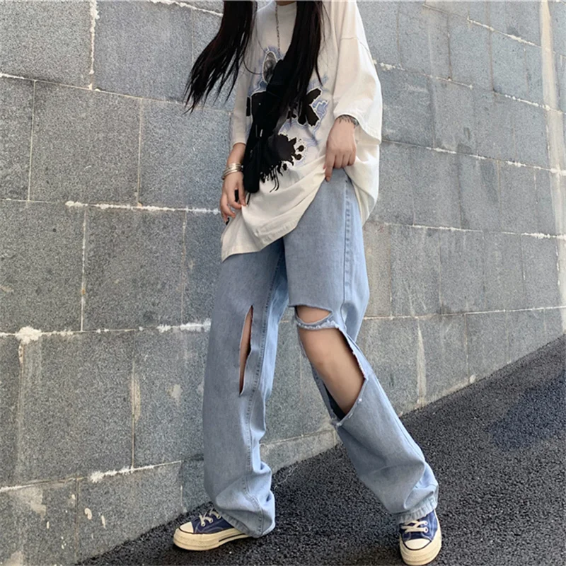 

Ripped Jeans Women's Fashion Ins Summer Thin Straight Loose 2021 New High Waist Slimming and Wide Leg Mop Pants