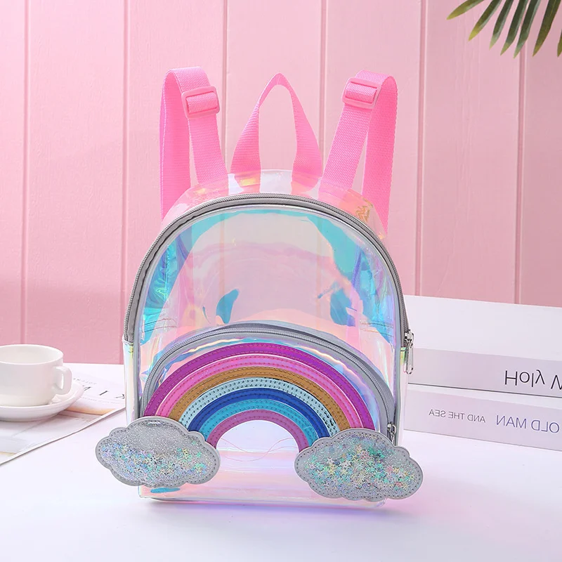 

Transparent PVC Rainbow Cartoon Unicorn Backpack For Children Plush kindergarten Small SchoolBag Girls School Bags Mini Backpack
