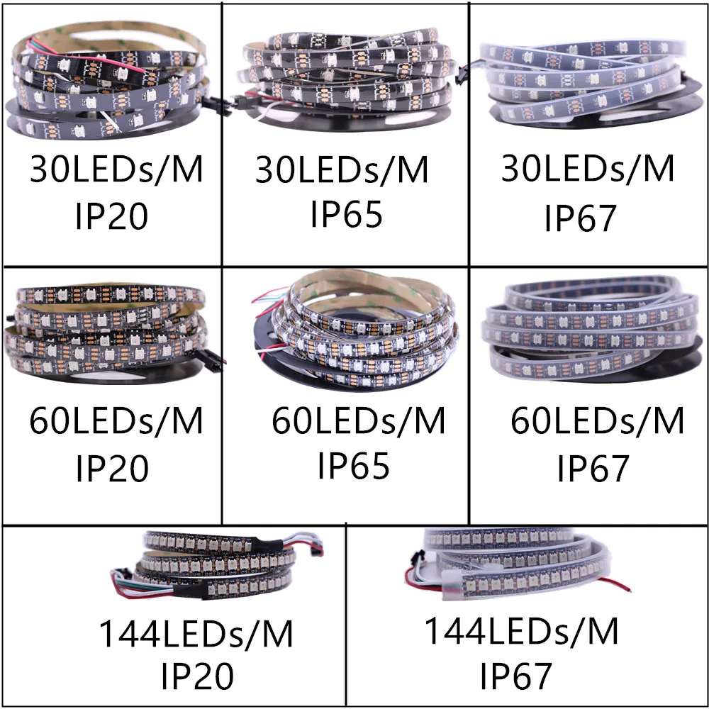 1 м/5 м WS2812B Smart led пикселей полосы, черный/белый печатных плат, 30/60/144 светодиодов/m WS2812 IC; WS2812B/м 30/60/144 пикселей, IP30/IP65/IP67 DC5V