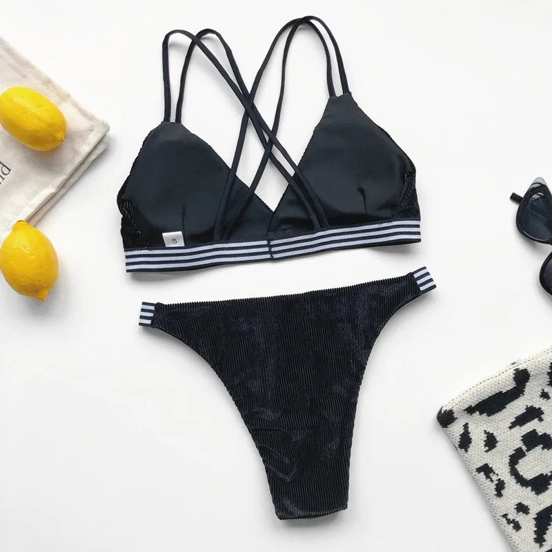 Сексуальный однотонный купальник женский черный бандажный бюстгальтер на