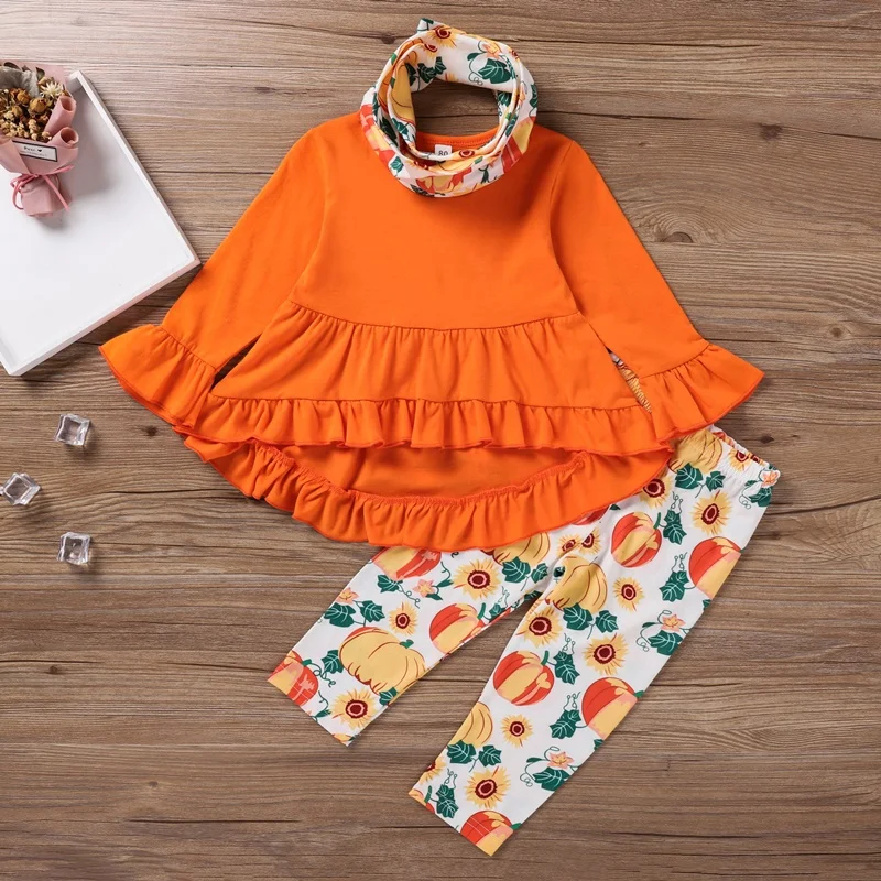 

New Halloween Clothes Kids Clothes 3 Pieces Solid Ruffles Long Flare Sleeve Tops+pumpkin Sunflower Print Trousers+headband 1-6Y