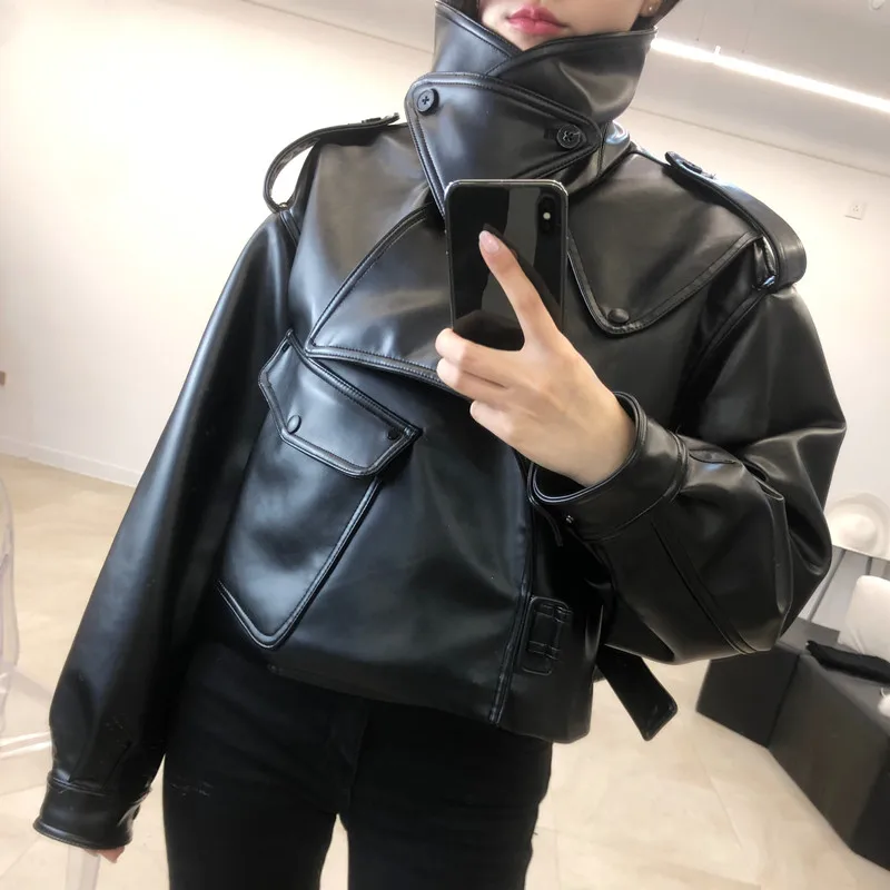 Куртка женская короткая из искусственной кожи свободный Байкерский жакет