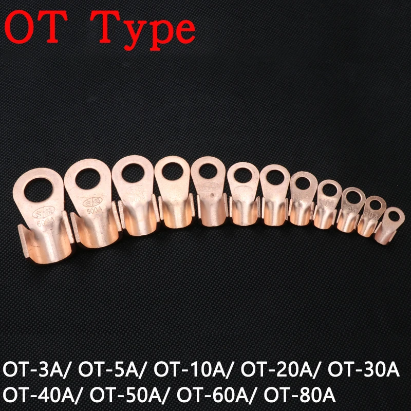 

10pcs OT Type 3A 5A 10A 20A 30A 40A 50A 60A 80A Wire Terminal Red Copper Bare Nose Lugs Crimp Open Mouth Cable Connector Splice