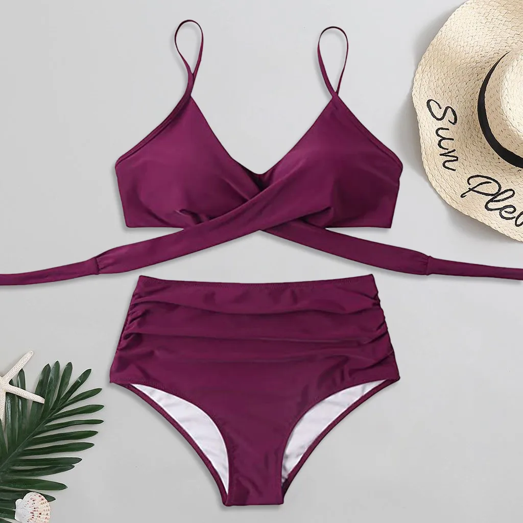 

Hot Summer Women Swimwear Bikinis Set Sexy Biquinis Two Piece Bathing Suit Solid Push Up Deep V Swimsuit Beachwear Halter Bikini
