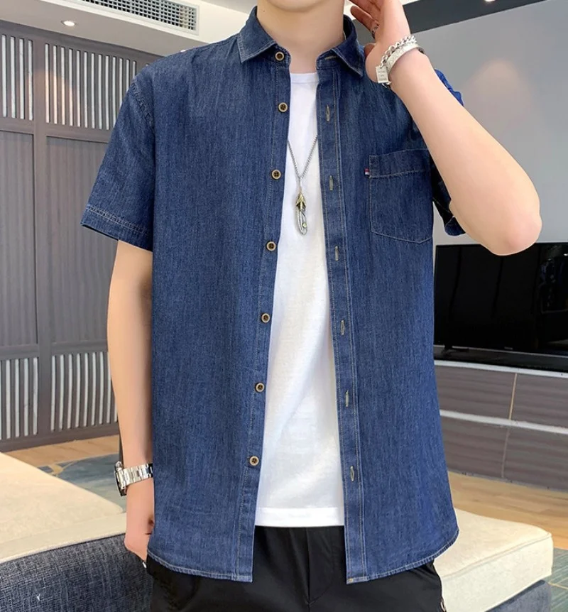 

Short Sleeve Denim Shirt Men Casual Turn-Down Collar Single Breasted Tops New Summer Fashion Slim Fit Vintage Cotton Jean Shirts