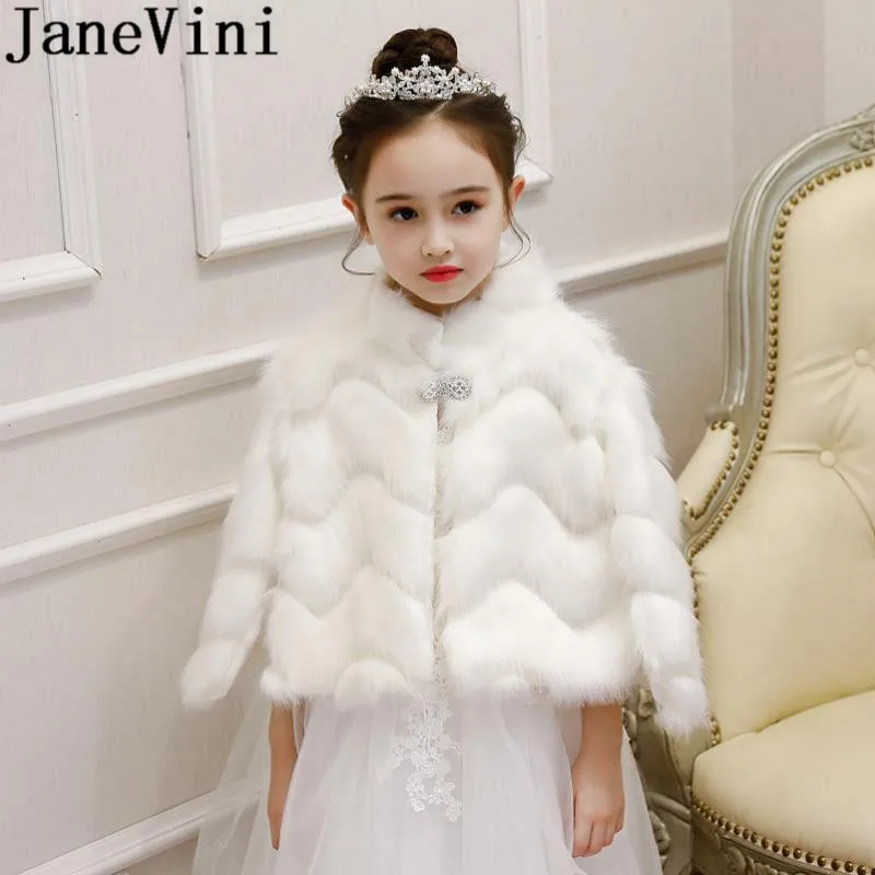 

JaneVini Faux Fur Cape Wrap for Little Girls 2019 Warm Fake Fur Winter Wedding Coat High Neck Beaded Shrugs Cloak Boleros Stoles