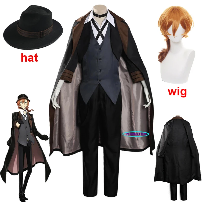 Bungou Stray Dogs Men Women Nakahara Chuuya Cosplay Costume Wig Hat Glove Jacket Pants Female Chuya Nakahara Cosplay Suit