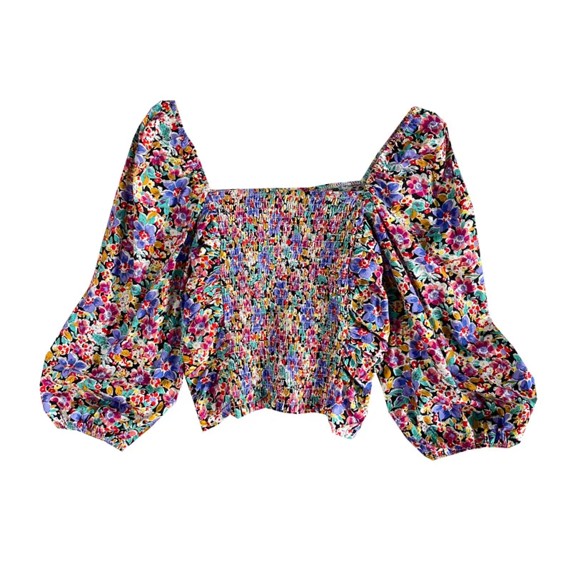 

Casual Harajuku Square Collar Floral Chiffon Shirt O-neck Flower Printed Blouse For Girls Women's Short Top Summer Colthing 2021