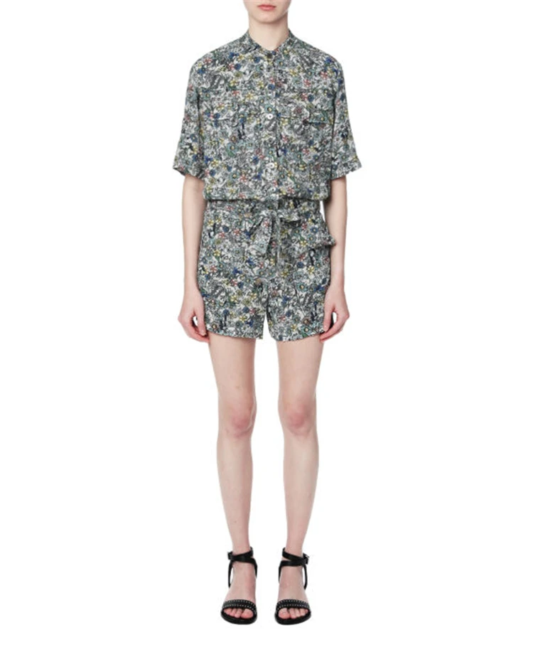 

2021 New Floral Print Pleated Straight Collar Button Belted Jumpsuit