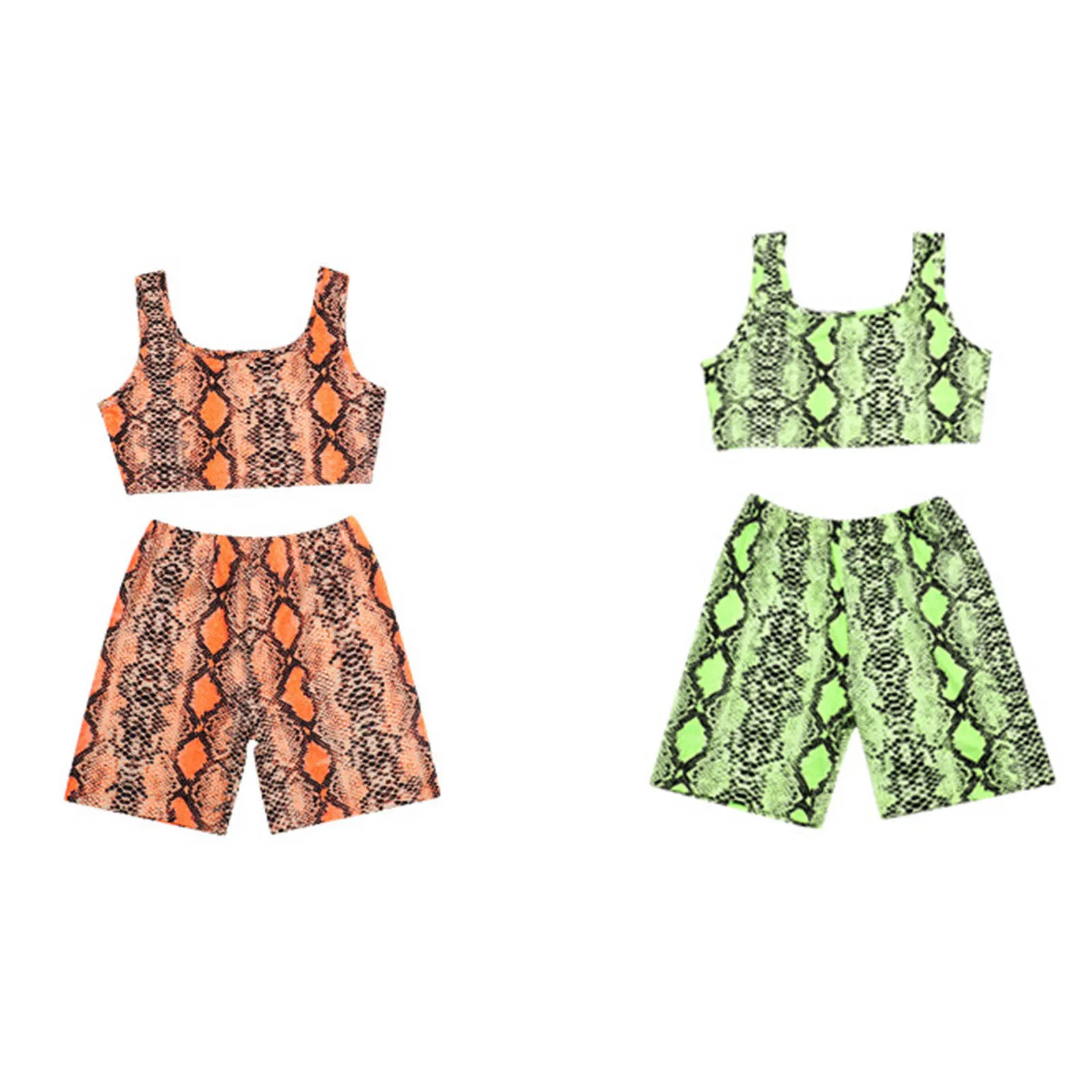 2Pcs Kids Girls Summer Snakeskin Pattern Sport Suit Tracksuits Shoulder Straps Sleeveless Cropped Vest Tops and Shorts Sport Set