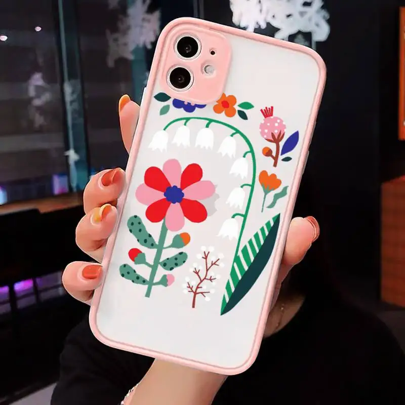 

Phone Case For iPhone 12 11 Mini Pro XR XS Max 7 8 Plus X Pretty flower Matte transparent Pink Cover
