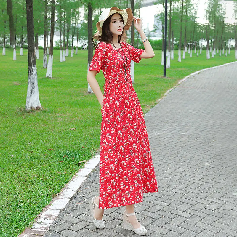 

Summer Cotton Linen Women Floral Dress Vintage Belt Calf Length Maxi Willon Green Red Blue Party Dresses Pullover Elegant