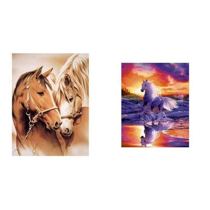 

2Set Round Diamond 5D Diy Diamond Painting Diamond Embroidery Cross-Stitch Rhinestone,"Horse Couple" & Horse Animal