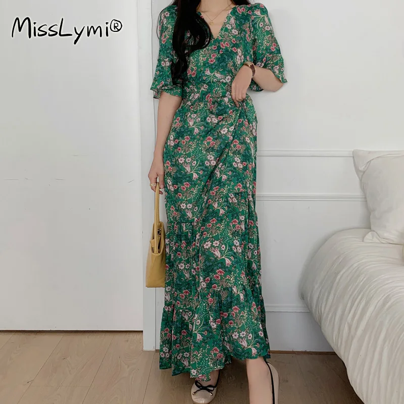 

4XL Plus Size Women Green Floral Maxi Dress Summer 2021 V-Neck Flare Sleeve High Waist Loose Ruffle Chiffon Holiday Long Dresses