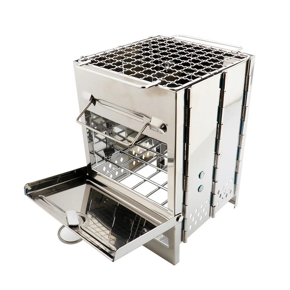 

Stainless Steel Square Wood Burning Stove Portable Collapsible Grill Outdoor Camping Cookware (Silver)