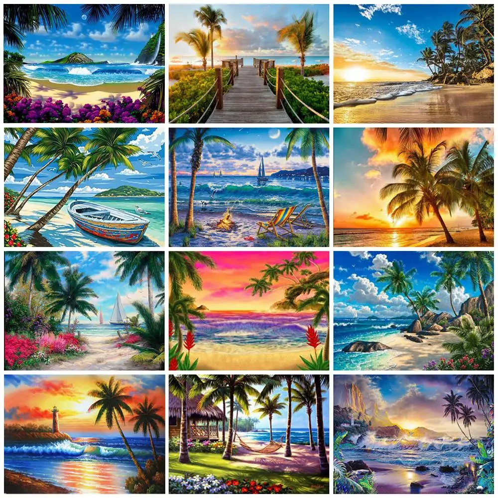 

5D Diamond Painting Kits Seaside Square/Round Diamond Embroidery Landscape Mosaic Picture Coconut Tree Art Home Decoration