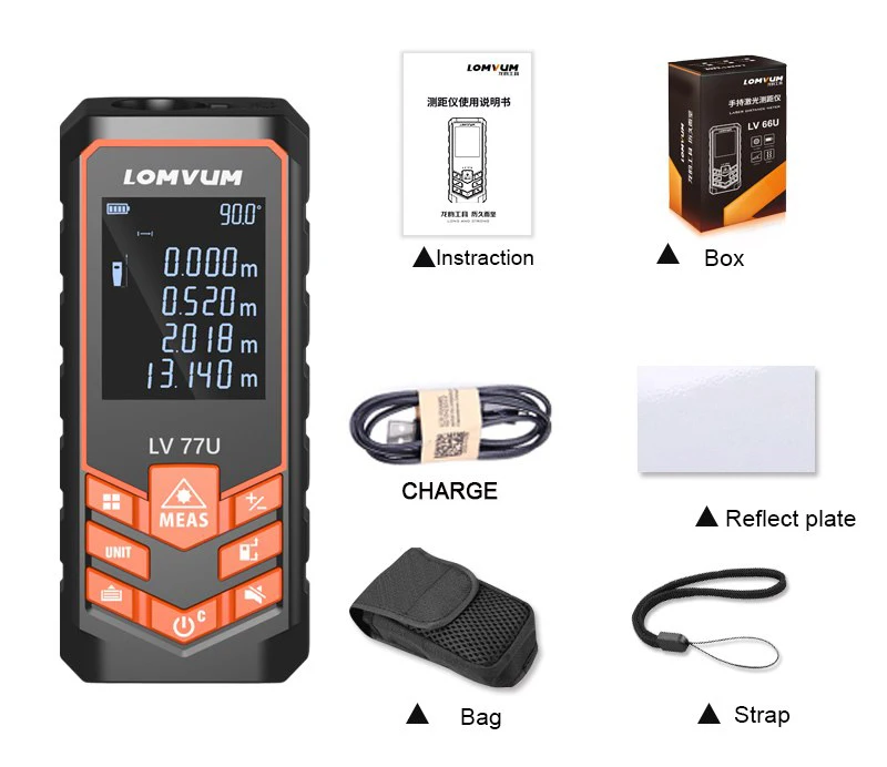 77u USB And Voice LOMVUM дальномер Цифровой медидор лазерный трена дальномер LV 77U 40 м 60 м 80 м 100 м 120 м USB Голосовая лазерная измерительная линейка - Цвет: 77u USB And Voice