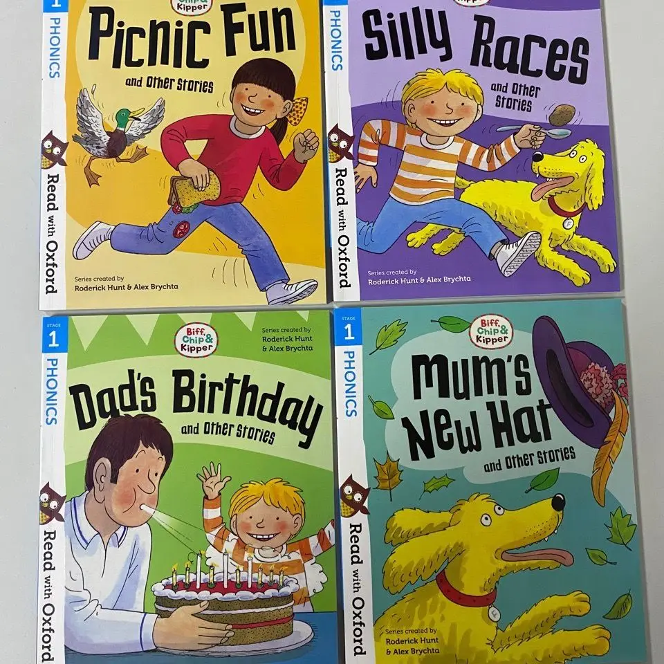

4 books Phonics Read with Oxford English picture book kids early education Dad's Birthday Mum's New Hat Picnic Fun Silly Race