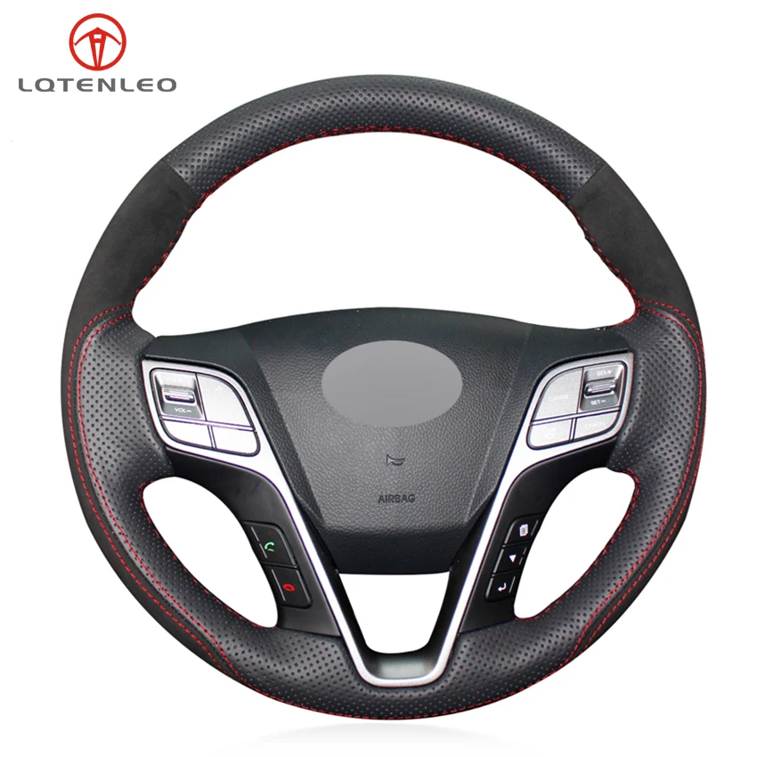 

LQTENLEO Black Genuine Leather Suede Hand Sew Car Steering Wheel Cover For Hyundai Santa Fe 2013-2018 ix45 2013 2014 2015 2016