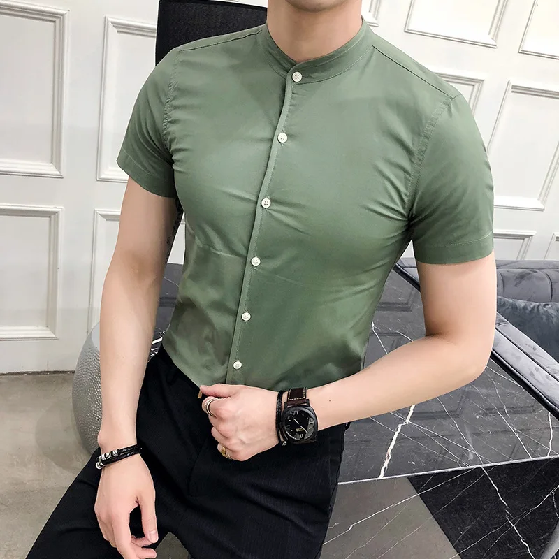 Новинка 2018 летняя Стильная мужская рубашка со стоячим воротником и коротким