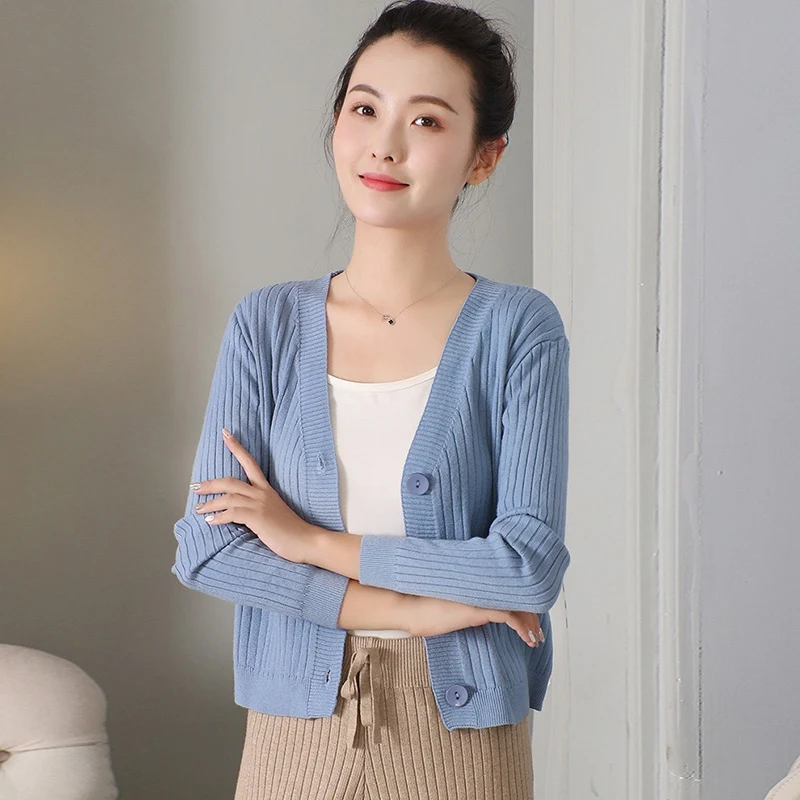 Retro Casual Wild Sweet Elegant Autumn New Hong Kong Style V-neck Solid Color Short Button Knit Cardigan Sweater |