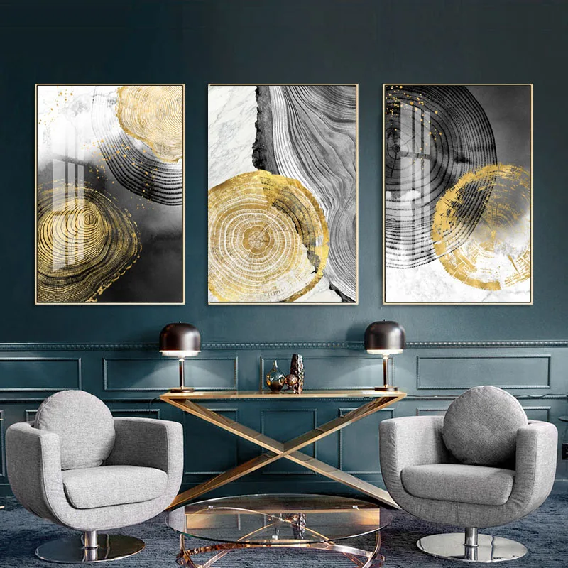 Абстрактная Золотая деревянная ежегодная живопись кольца минималистский холст