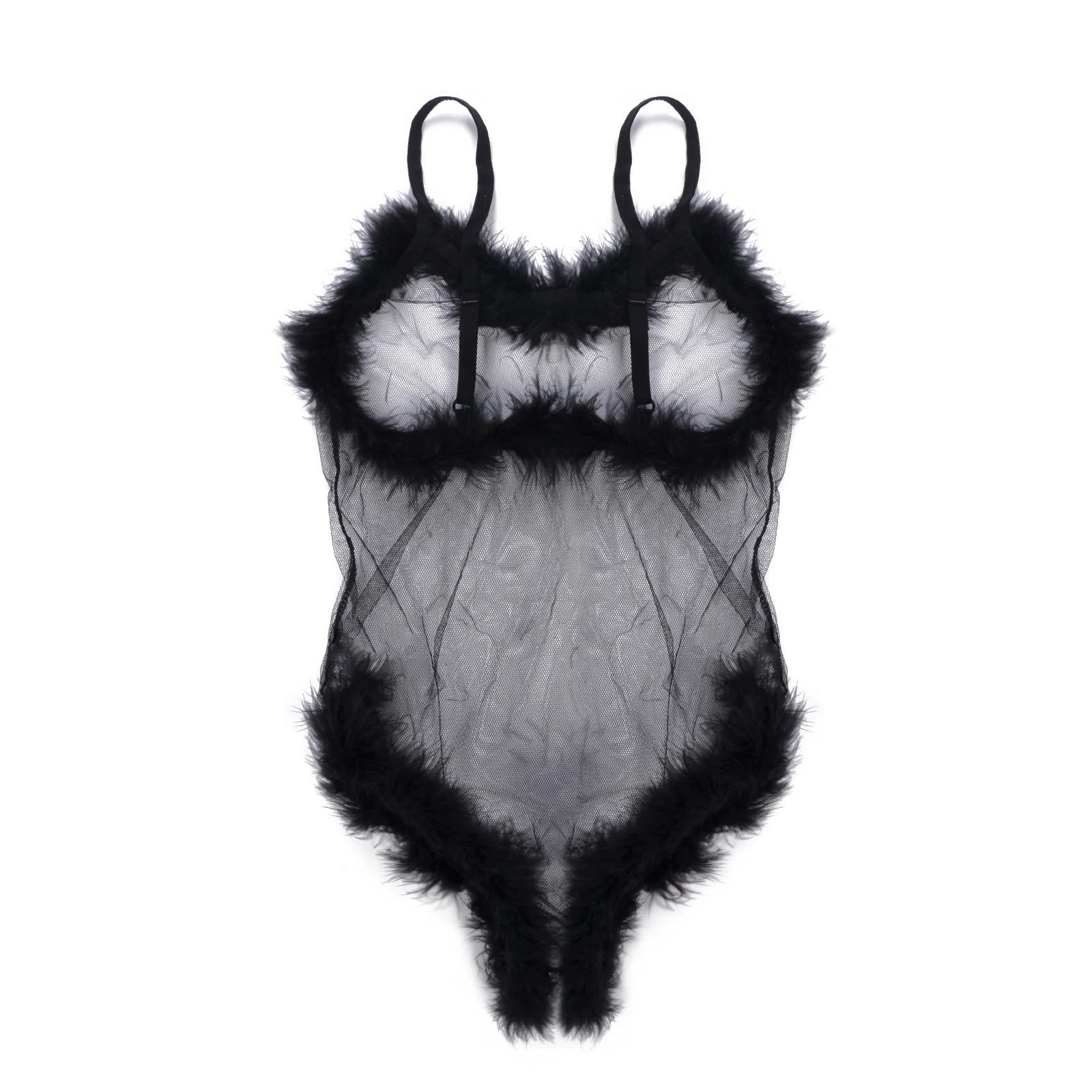 

Women Mesh Sheer Sexy Lingerie Sleeveless Feathers Patchwork See-through V-neck Jumpsuit Lady Erotic One-piece Underwear