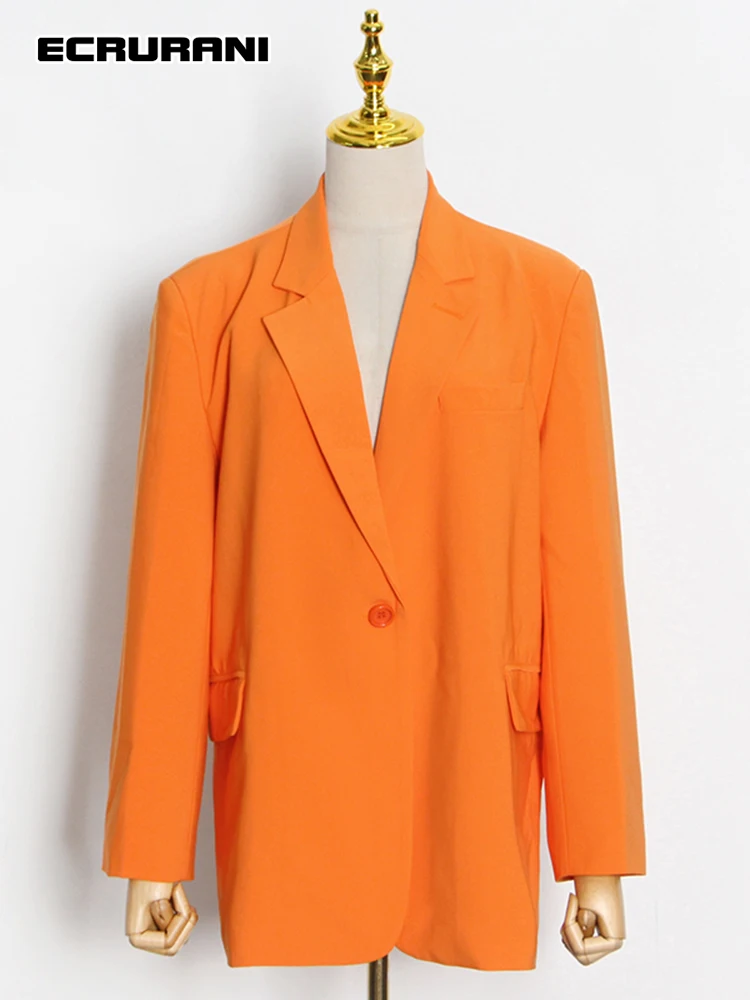 

ECRURANI Plain Blazers For Female Lapel Collar Long Sleeve High Waist Loose Solid Color Women's Casual Coats 2021 Autumn Clothes