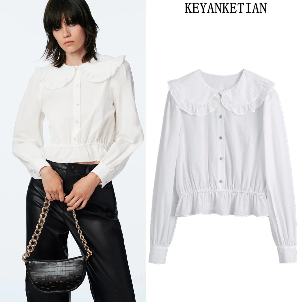 

Женская короткая рубашка KEYANKETIAN ZA, Повседневная белая рубашка на пуговицах с длинным рукавом и воротником «Питер Пэн», 2021