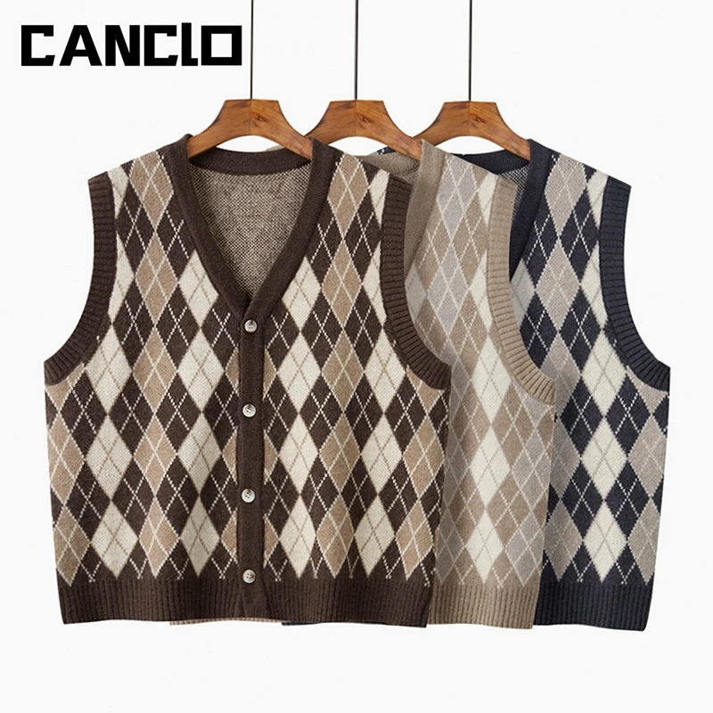 

Spring Autumn Argyle Sweater Vest Women Knit Vest Sleeveless Jacket Vintage Waistcoat Cardigan V Neck Y2k Top Female Sweaters