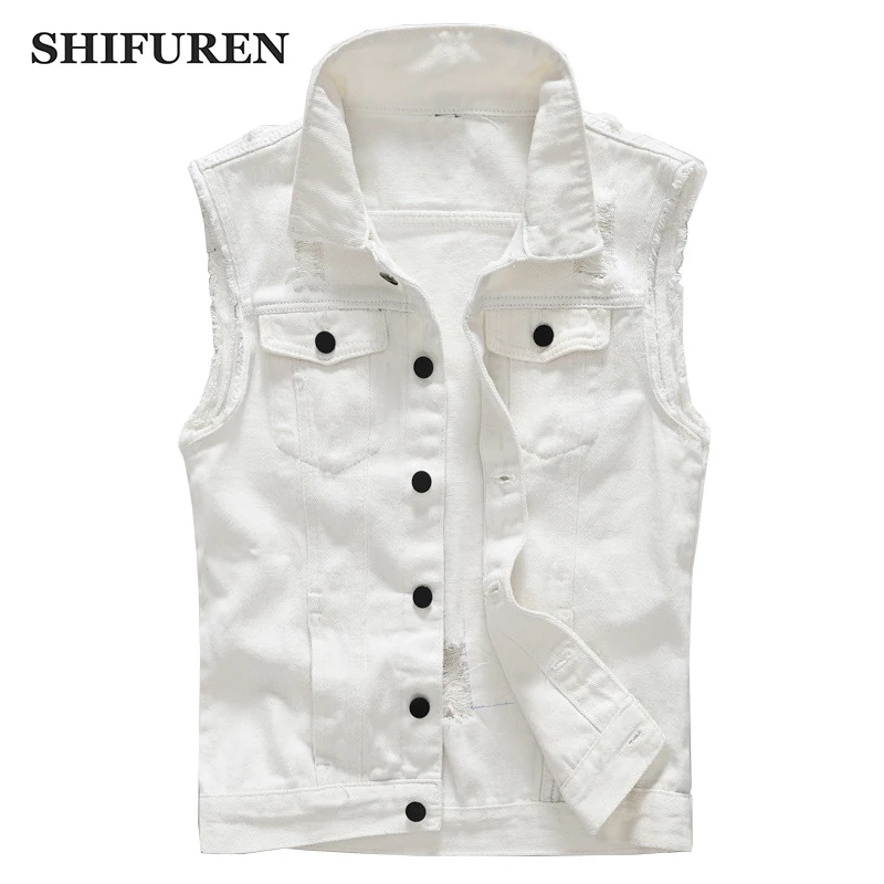 

SHIFUREN Men's Jeans Jacket White Denim Vest Hip Hop Coats Waistcoat Single-breasted Casual Male Cowboy Sleeveless Jacket
