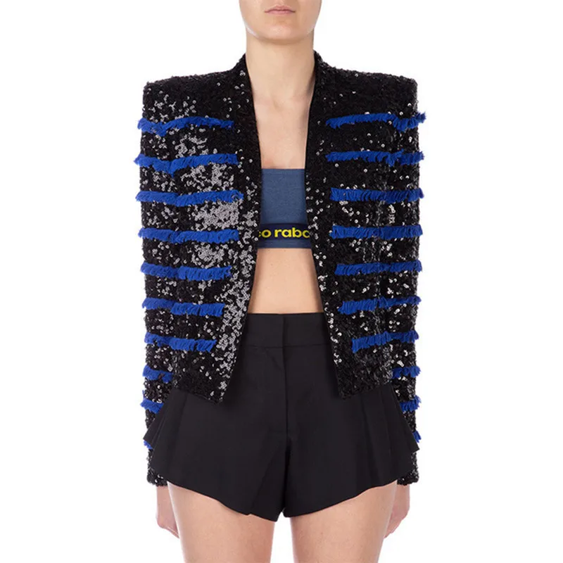 Женский блейзер с блестками дизайнерский облегающий пиджак бахромой Осень-зима