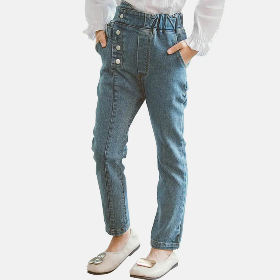 Джинсы джинсы для девочек с высокой талией однобортные лентами детей Осенние