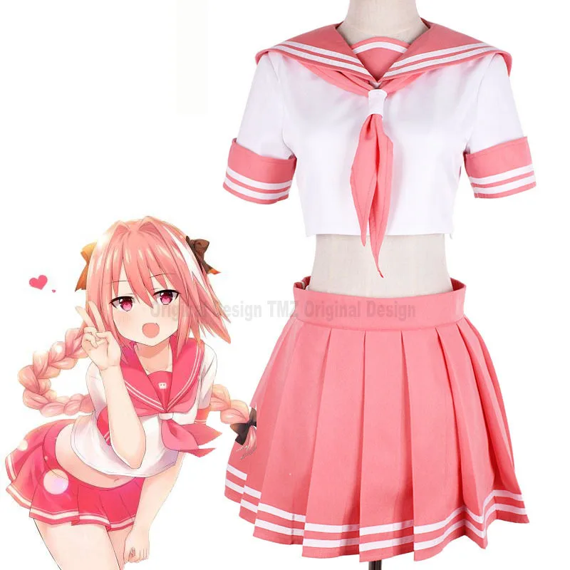 

Аниме Fate/Grand для Fate Apocrypha черный всадник Astolfo костюм моряка для маскарада; Костюм розовый топ и юбка на Хэллоуин Рождественская форма