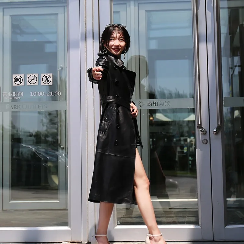 Женское кожаное пальто халат Женская Овчина Осень-зима зима черная овчина с