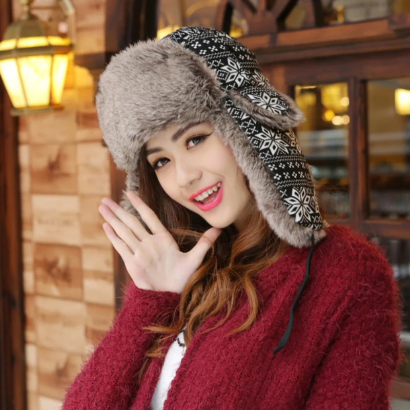 

Winter Bomber Hat for Women Faux Fur Russian Hat Ushanka Earflaps Vintage Female Pilot Trapper Cap with Ear Flap