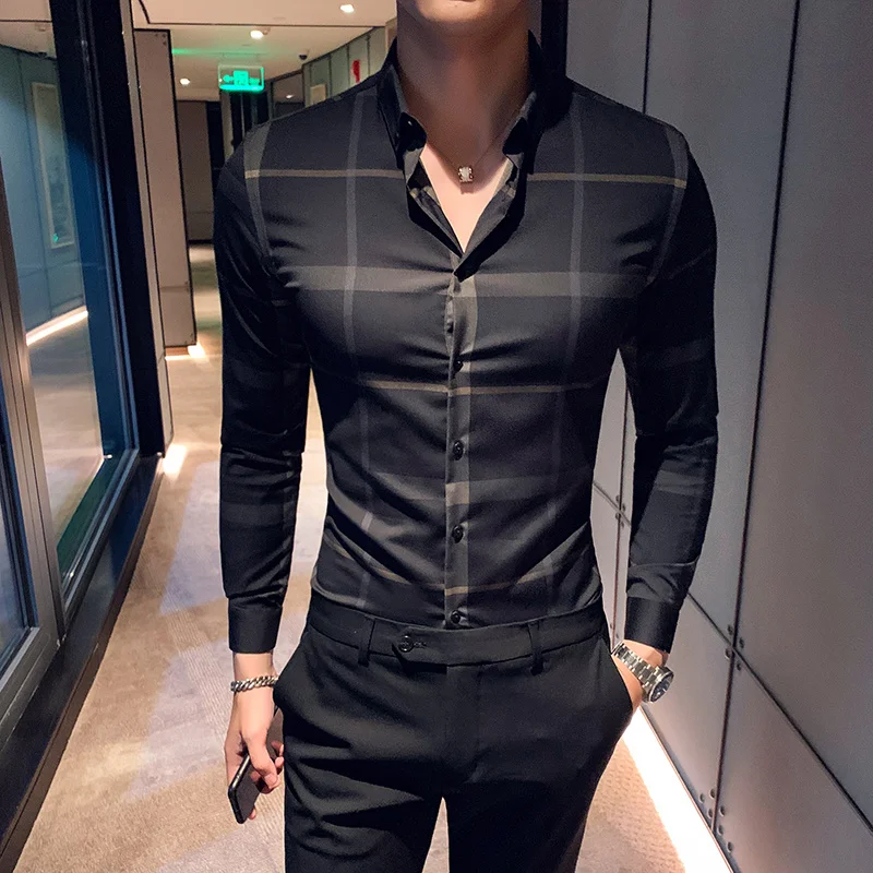 

High Quality Plaid Shirts Men Fashion Casual Business Dress Shirts Man Long Sleeve Slim Fit Social Party Blouse Camisa Masculina