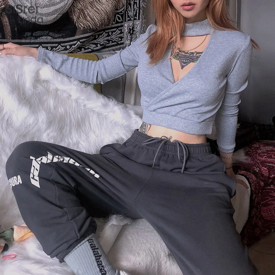 Sisterlinda, сексуальный свитер с глубоким v-образным вырезом, Женский пуловер Harajuku, Одноцветный кроп Топ, модный тонкий эластичный свитер, новинка, хит, Mujer