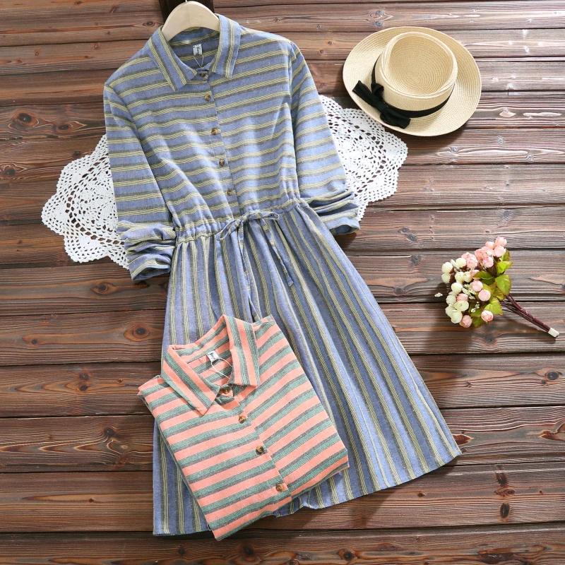 

2021 Autumn Spring Women Vintage Clothes Contrast Color Stripe Casual Loose Ladies Dress Mori Girl Elegant Cotton Linen Dress