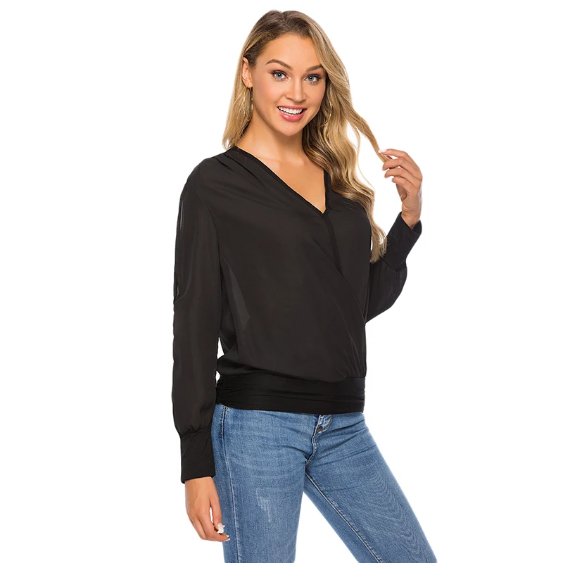 

Summer Women Sexy V Neck Lantern Sleeve Casual Women Clothing Loose Solid Color T Shirt Long Sleeve Shoulder Pleated Top