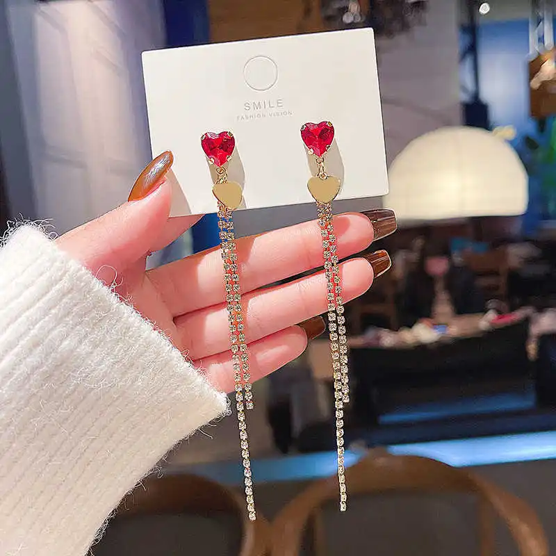 

S925 silver needle Korean version long zircon love Tassel Earrings women's fashionable temperament simple Earrings