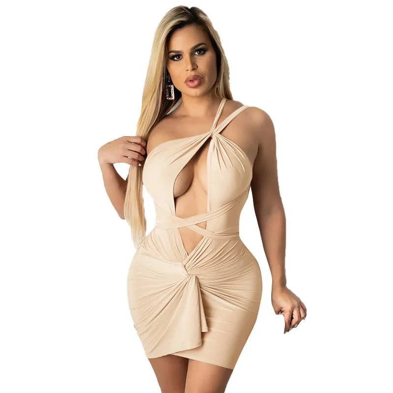 

Summer Skinny Dress Women Skew Neck Bandage Hollow Out Fashion New Solid Color Sleeveless Backless Sexy Club Wear Dress Vestidos
