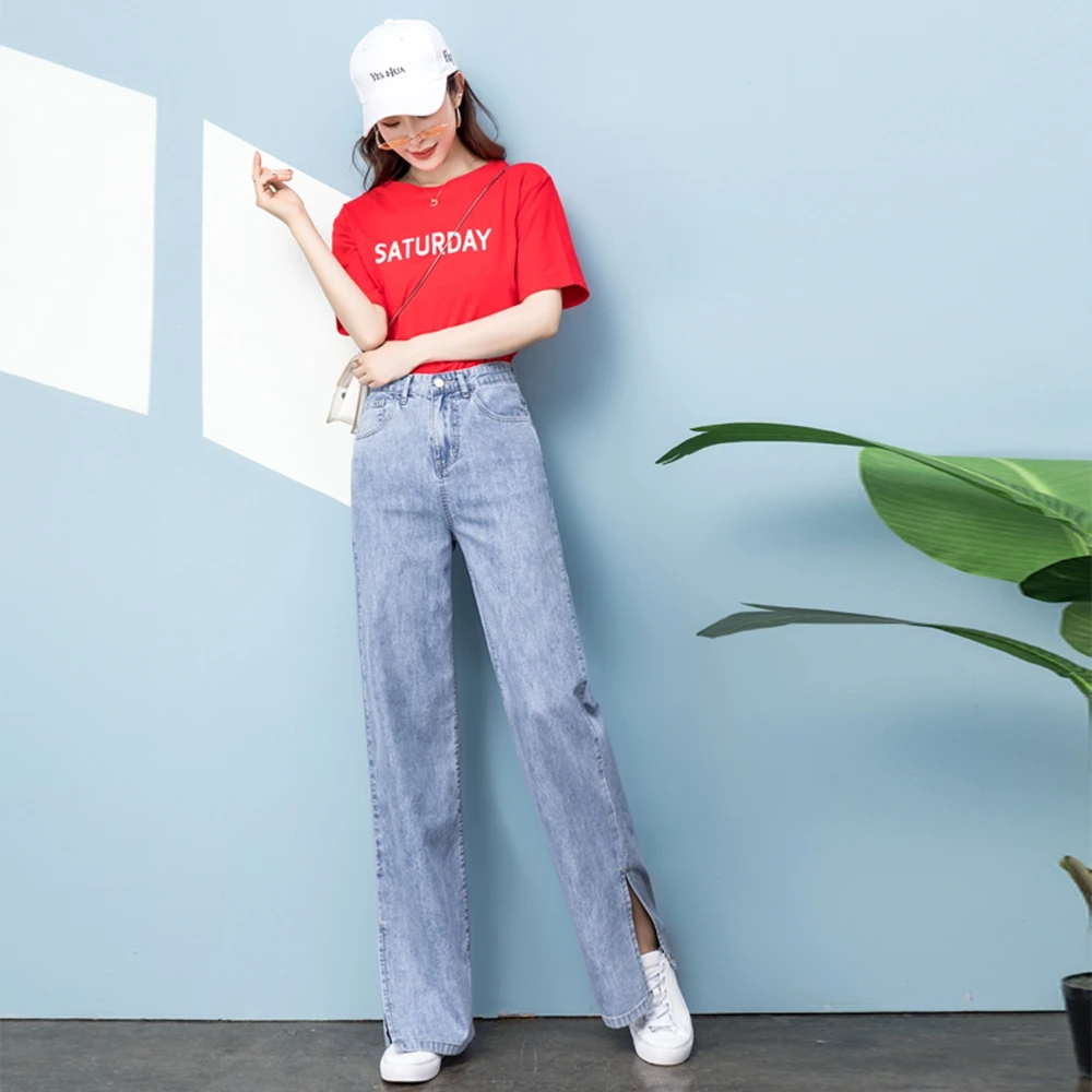 

WITHZZ Ice Oxygen Fiber Cool Breathable Comfortable Trousers Women's High Waist Loose Thin Drape Wide Leg Split Pants Jeans