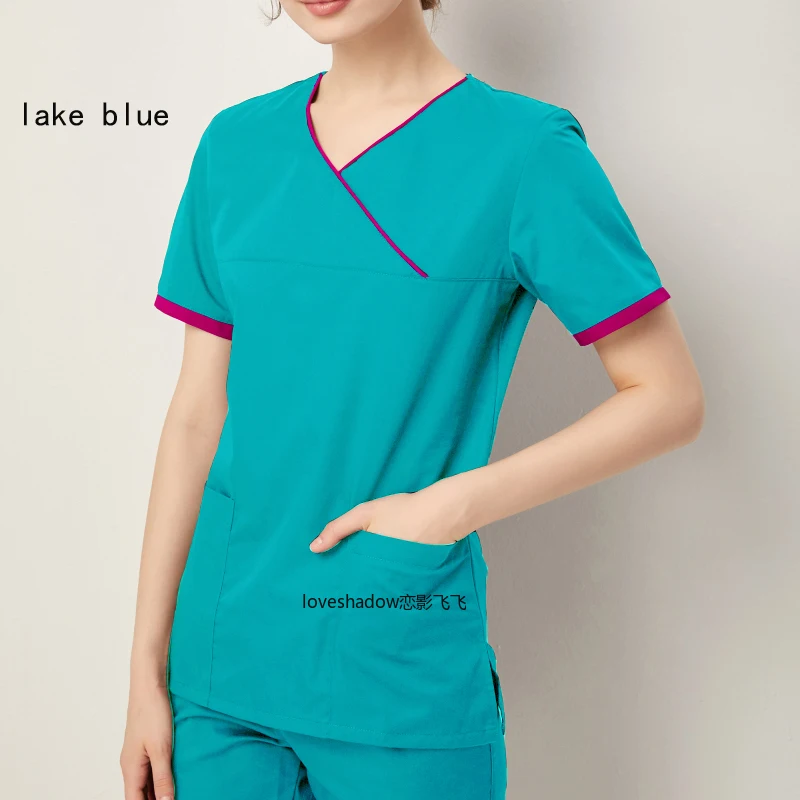

Women Scrub Top Mock Wrap Medical Uniforms V Neck Cotton Nurse Clothes Short Sleeve Doctor Workwear Slim Fit Spa Beauty Uniforms