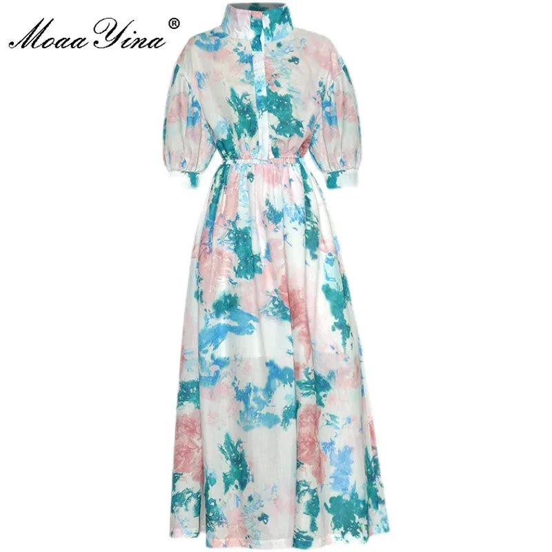 

MoaaYina Fashion Runway Spring Holiday Skirts Suit Women's Puff sleeve Loose Shirt and Floral print Skirts 2 Pieces Set